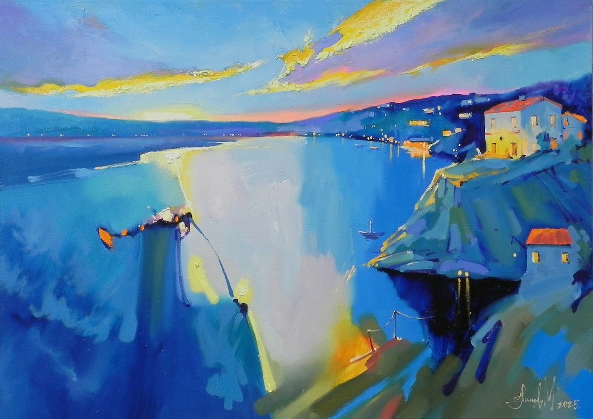 Abstract Landscape Oil Painting By Mykhailo Novikov, 28 X 20", "Azure Coast", Original Artwork