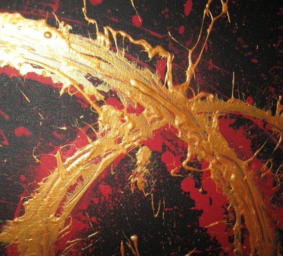original gold red abstract landscape triptych "Flame on Fire" painting art canvas - 48 x 20 "