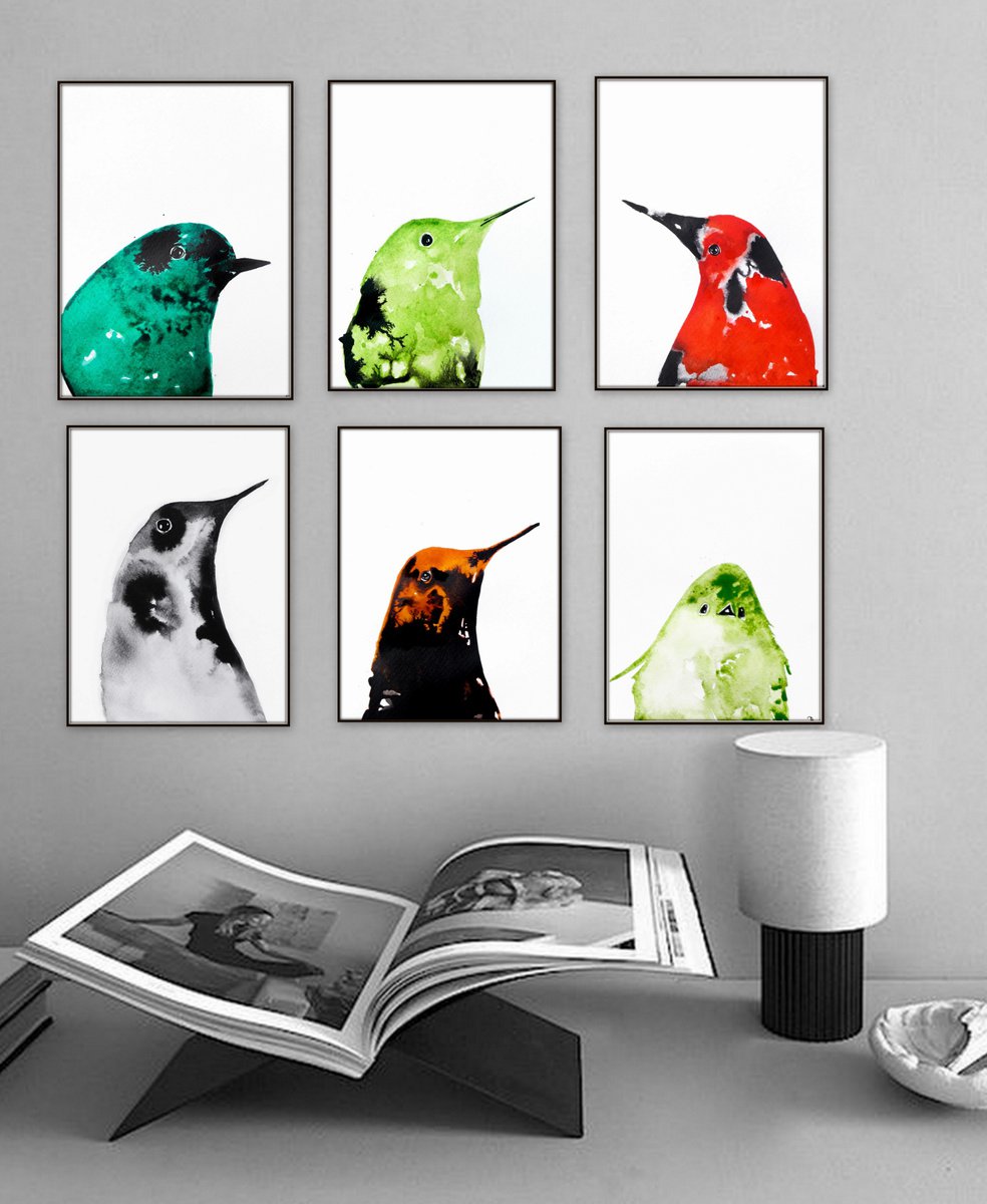 Set of 6 Bird paintings. by Nadia Moniatis