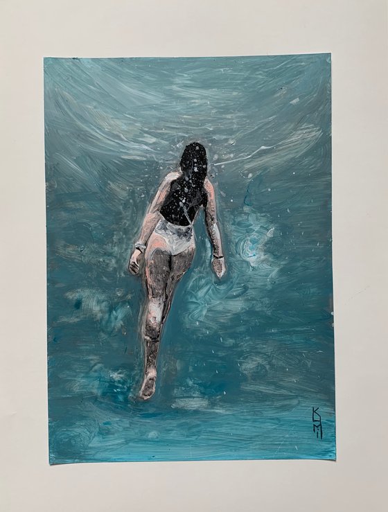Swimmer I Acrylic Painting on Paper Unique Artwork Gift Ideas Home Decor