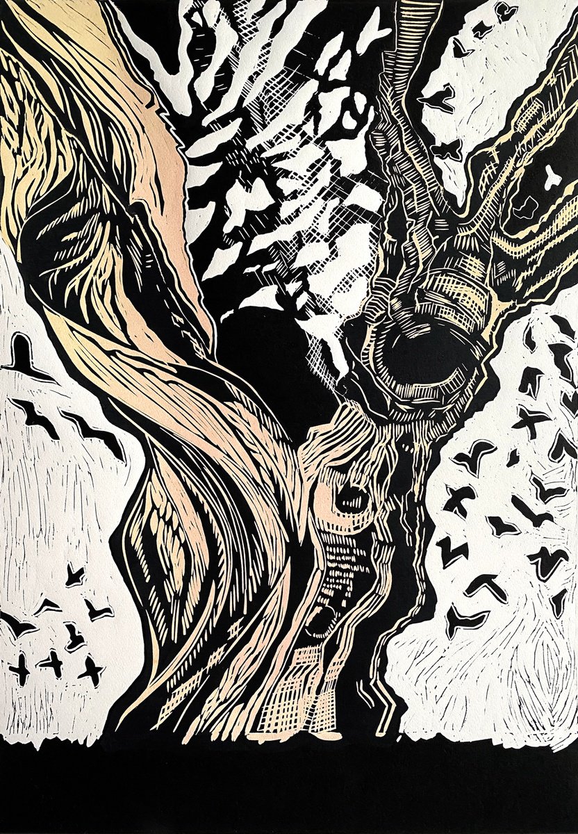 Impressionistic Animal Linocut By Helen Boden, 15 X 21, Weathered Wisdom, Original Artwork