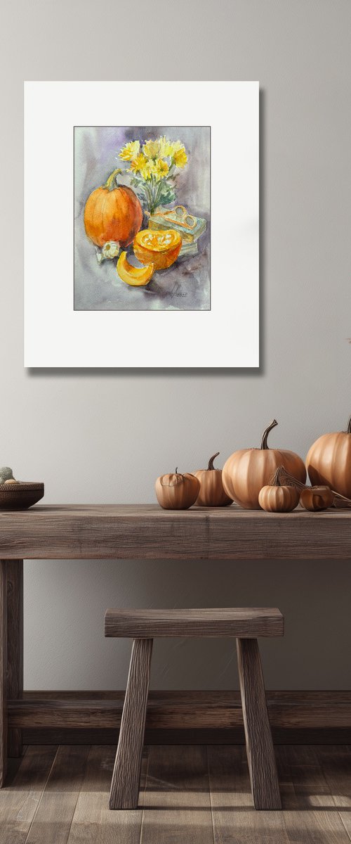 October still life with pumpkin by Elena Lykhodid
