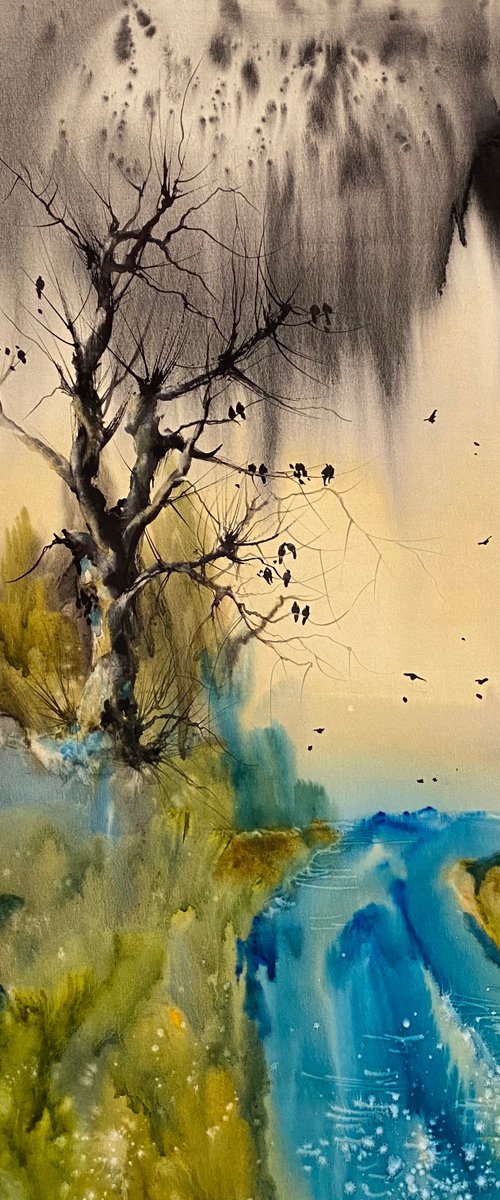 Watercolor “Crows Heaven. After rain” perfect gift by Iulia Carchelan