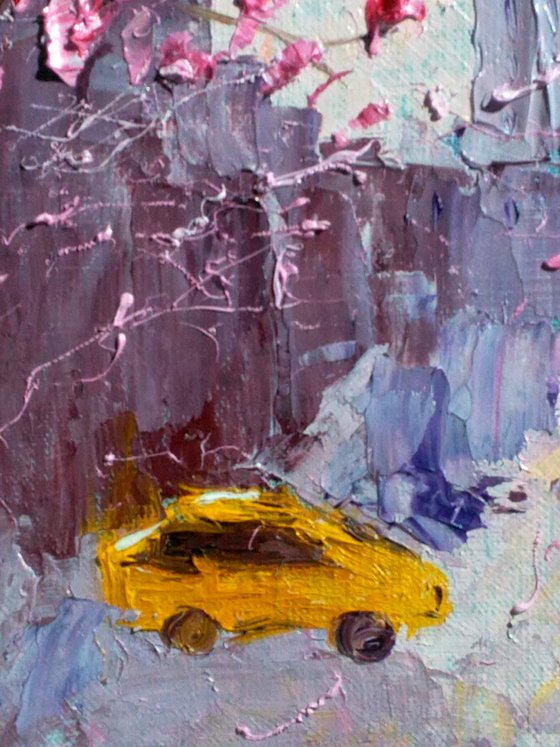 New York Painting Cityscape Original Art Yellow Taxi Oil Impasto Artwork Flowering Sakura Small Home Wall Art