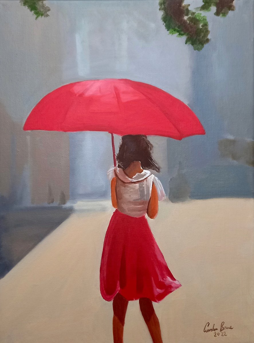 Impressionistic Portrait Oil Painting By Gordon Bruce, 12 X 16, Girl With A Red Umbrella, Original Artwork