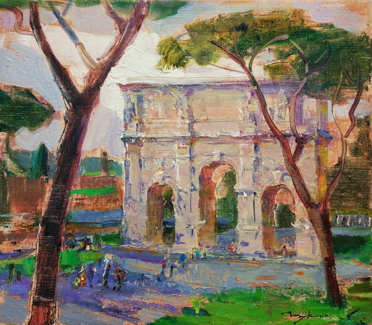 Triumphal Arch of Constantine. Roman cityscape . Original plein air oil painting . by Helen Shukina