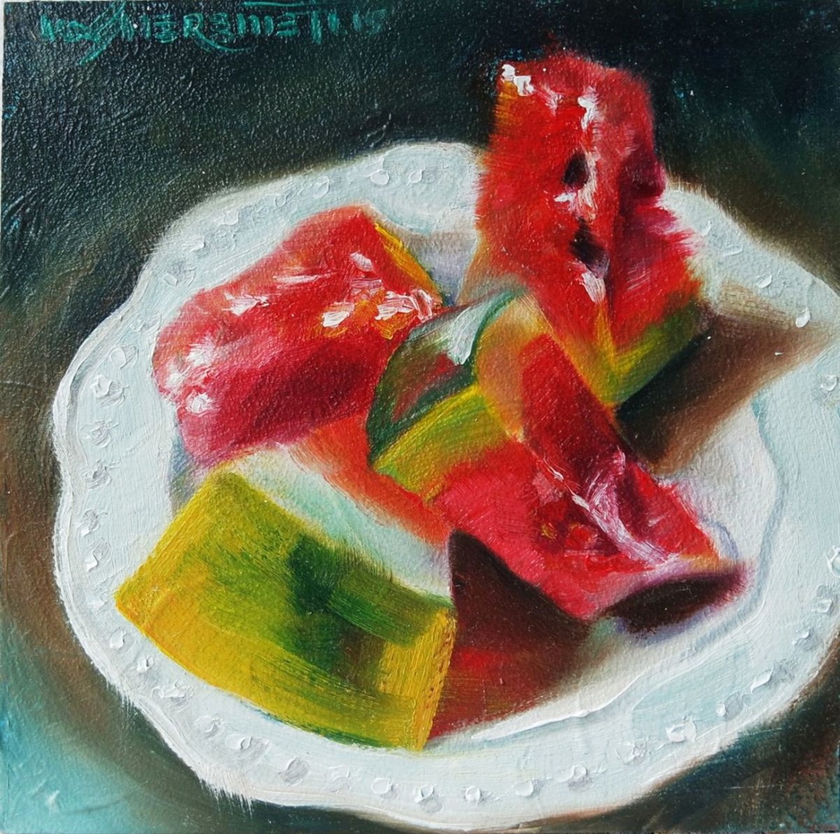 ’SALTY WATERMELON PIECES’ - Small Oil Painting on Panel by Ion Sheremet