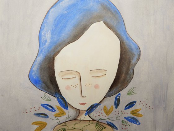 The girl with a plant and flowers on her hand