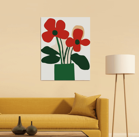 Red Flowers in Green Vase