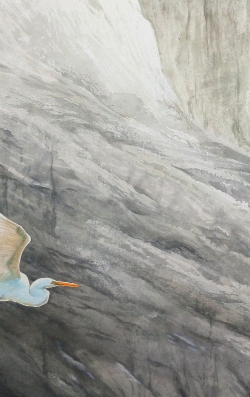 Flying Great Egret - white egr by Olga Beliaeva Watercolour