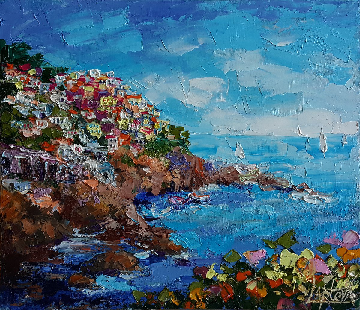 Expressive Landscape Oil Painting By Viktoria Lapteva, 16 X 14", Manarola, Riomaggiore Province - Liguria, Original Artwork