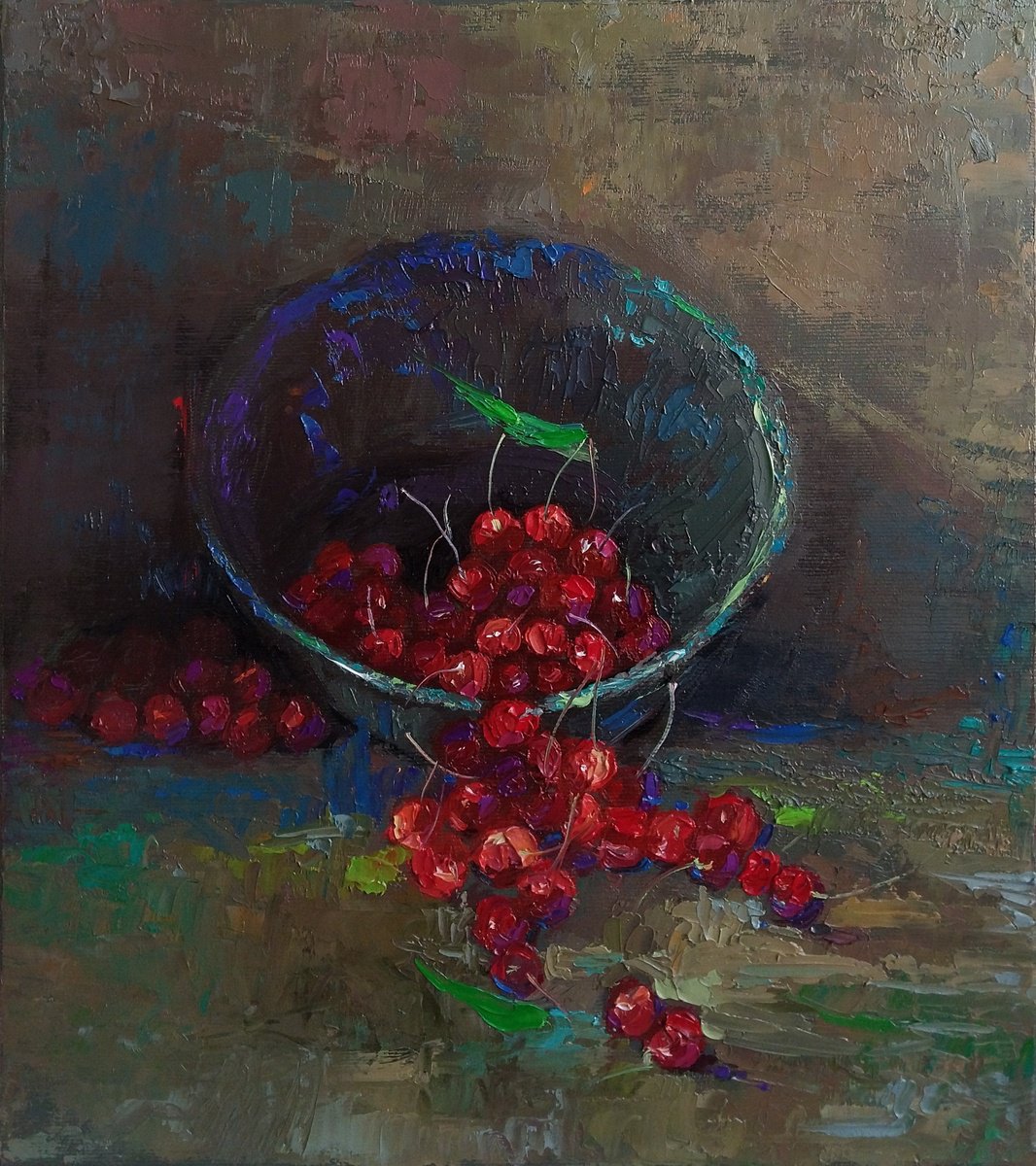 Impressionistic Still Life Oil Painting By Kamsar Ohanyan, 12 X 13", Still Life-Cherry, Original Artwork