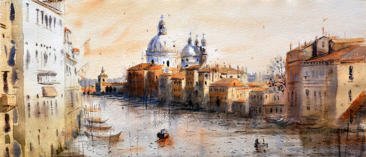 Warm light above Grand canal of Venice Italy 23x54cm 2020 by Nenad Kojic watercolorist