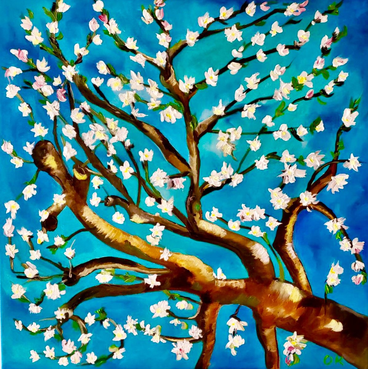 Almond blossom on turquoise inspired by Vincent Van Gogh oil painting ready to hang by Olga Koval
