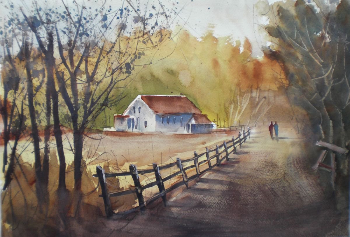 Expressive Landscape Watercolour By Giorgio Gosti, 19 X 13, Walking In The Countryside, Original Artwork