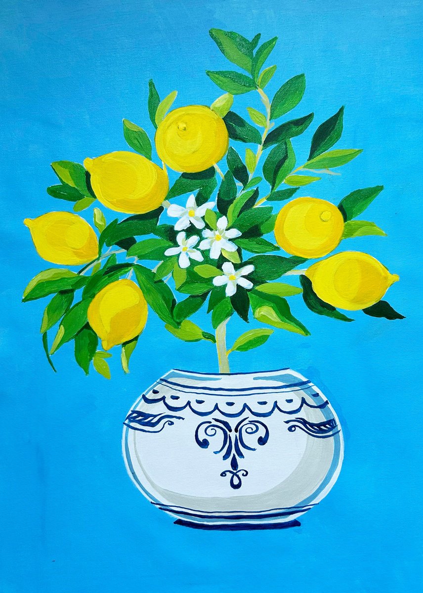 Expressive Botanical Acrylic Painting By Alexandra Dobreikin, 16 X 24, Lemon Joy, Original Artwork