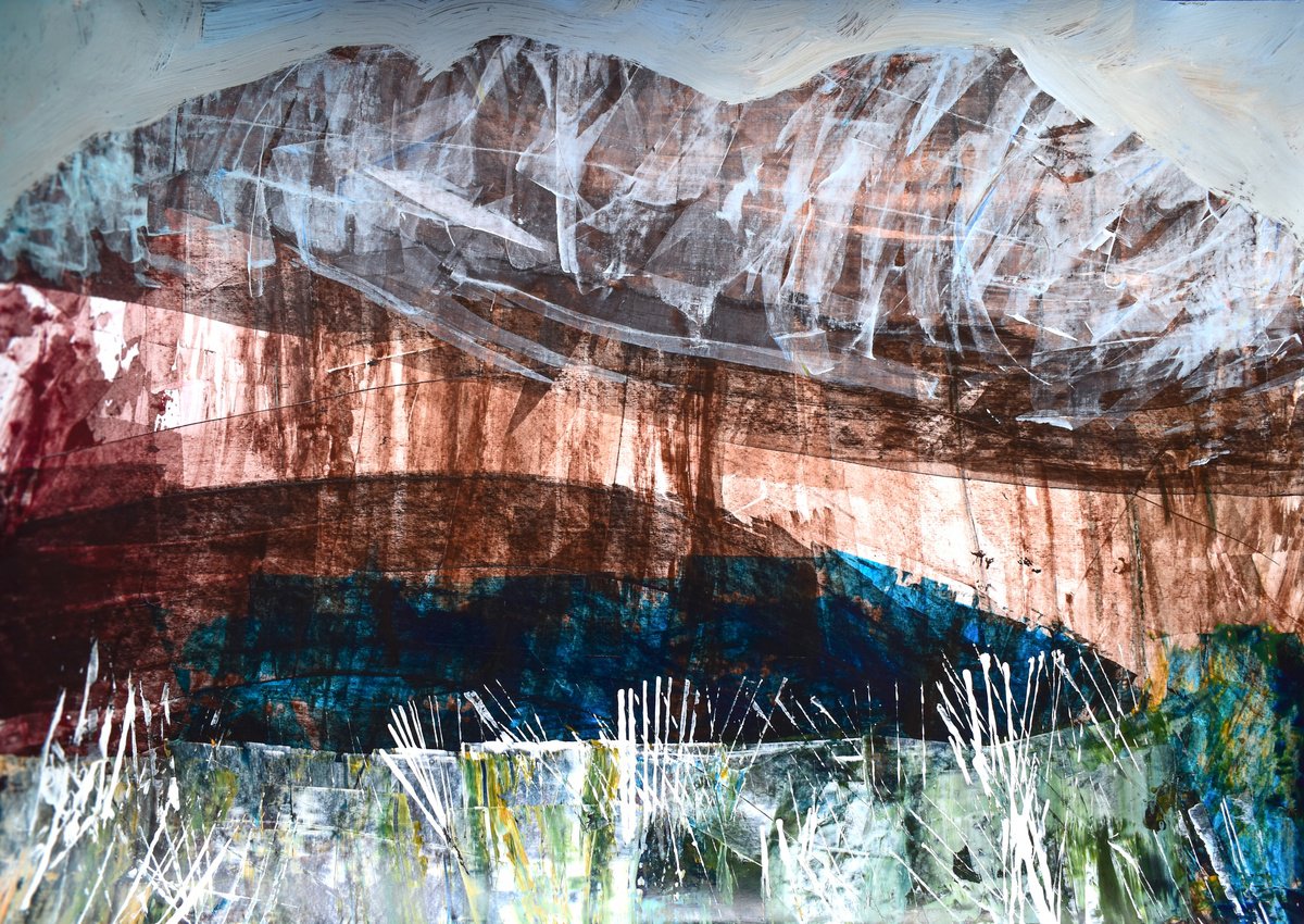 Abstract Landscape Acrylic Painting By Elizabeth Anne Fox, 33 X 24, Dark Mountain Lake, Original Artwork