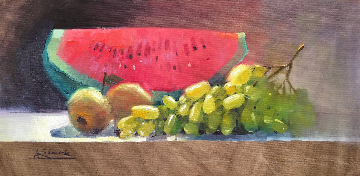 Still life with grapes and watermelon by Andrii Kovalyk