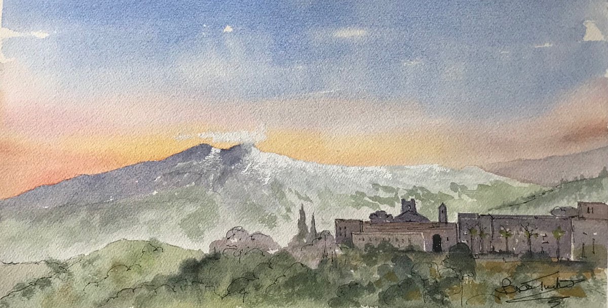 Expressive Landscape Watercolour By Brian Tucker, 14 X 7, Evening At Mount Etna, Original Artwork