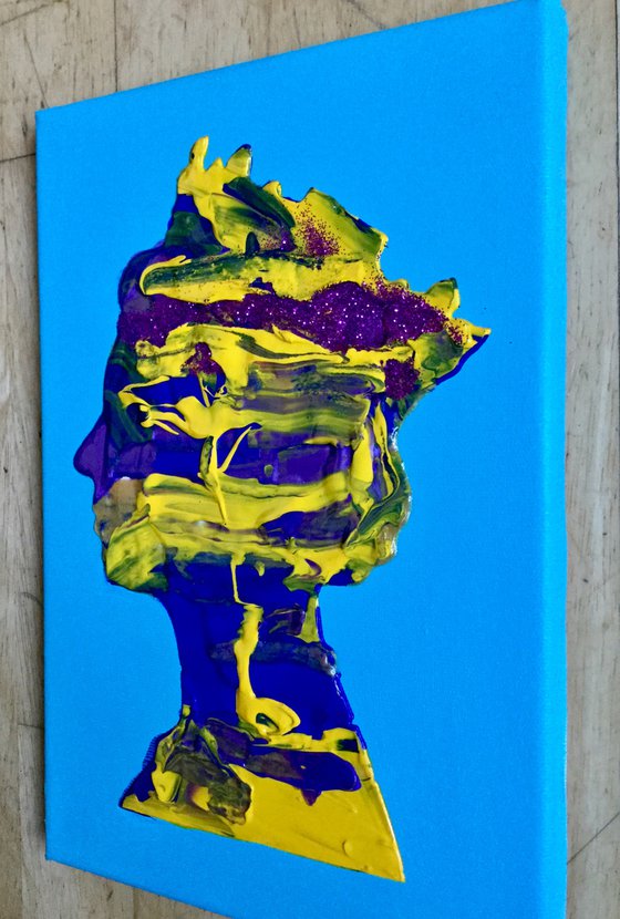 Purple metallic, yellow, gold metallic, turquoise, Queen #30 Abstract Queen Elizabeth  portrait  on sky bluebackground