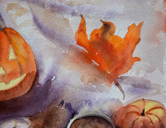 Halloween watercolour painting with pumpkin and coffee, autumn aesthetic wall art