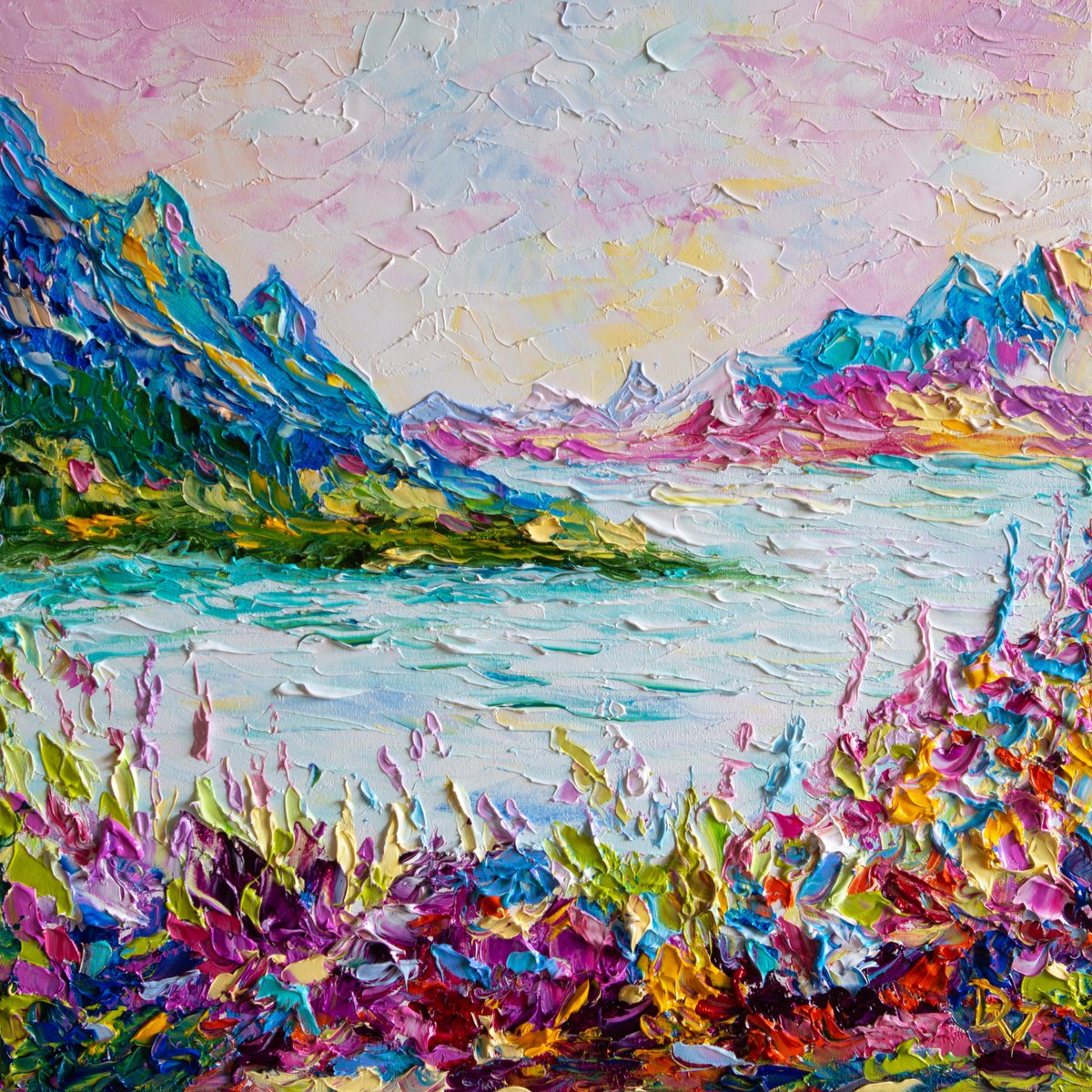 Impressionistic Landscape Oil Painting By Vladyslav Durniev, 16 X 16", Colourful Calm, Original Artwork