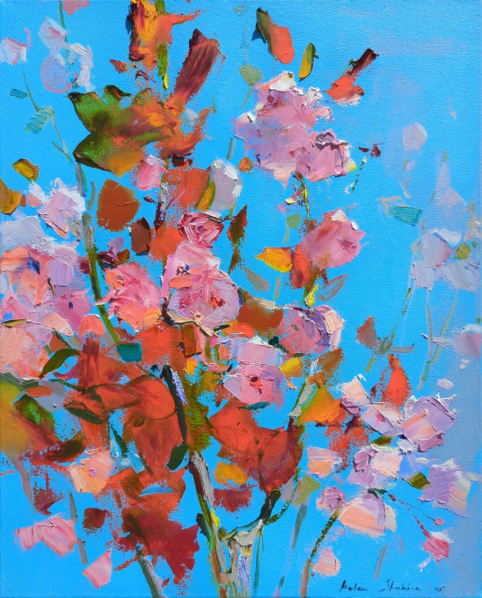 Impressionistic Botanical Oil Painting By Helen Shukina, 16 X 20, Sakura On Blue Sky, Original Artwork