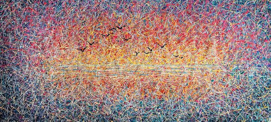 Sunset large painting Colorful sky Maldives Tropical landscape Pink Orange sunrise Jackson pollock