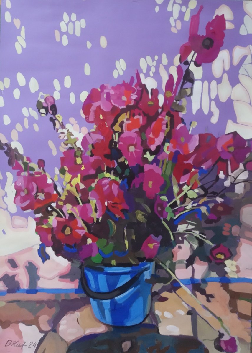 Impressionistic Botanical Painting By Valentina Kachina, 20 X 28", Mallow, Original Artwork