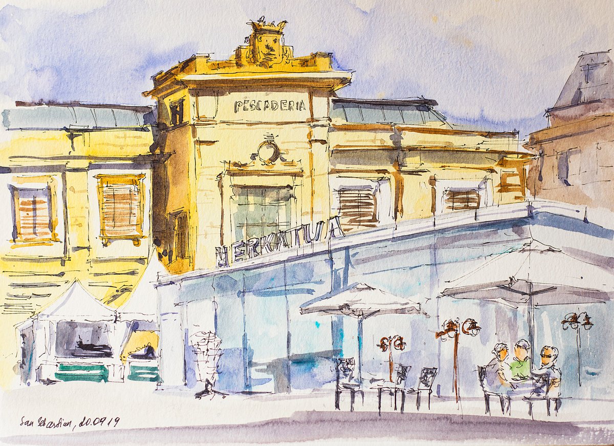 San Sebastian. Street sketch of the market square. URBAN WATERCOLOR LANDSCAPE STUDY ARTWOR... by Sasha Romm
