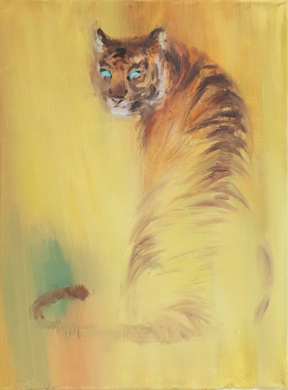 Oil painting Tiger Tiger gaze Yellow Animal Wild cat