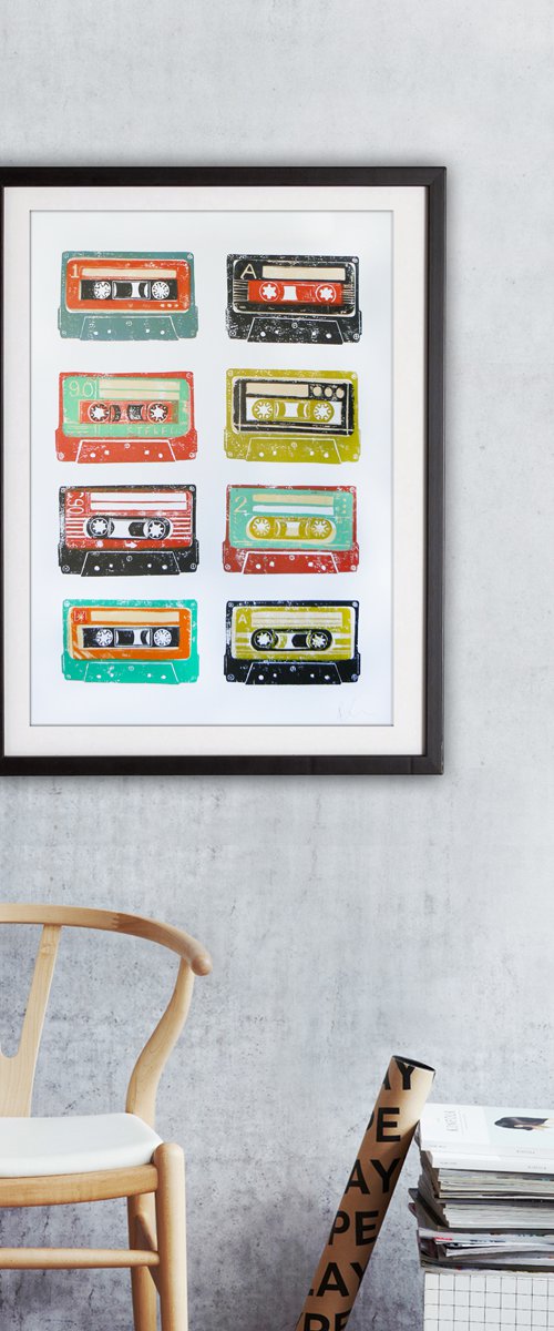 Linocut tapes #12 (cassette tapes, retro music, 70's, 80's rock culture) by Carolynne Coulson