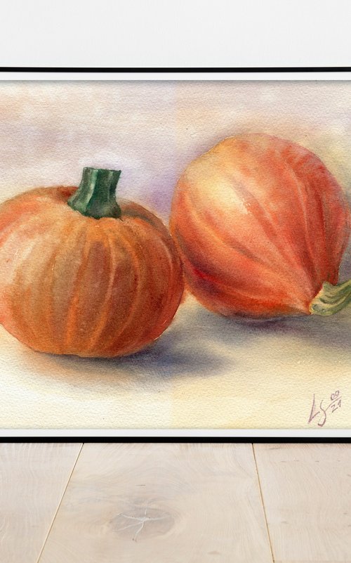 Still life with two pumpkins on a light background by SVITLANA LAGUTINA