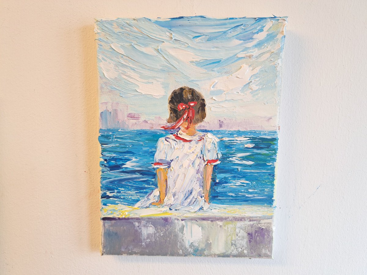 Impressionistic Portrait Oil Painting By Oksana Fedorova, 7 X 9", Girl And Sea, Original Artwork
