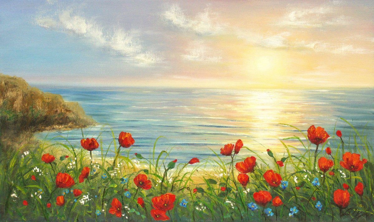 Photorealistic Landscape Oil Painting By Ludmilla Ukrow, 20 X 12", Poppies By Sea, Original Artwork
