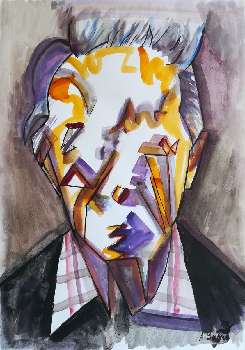Geometric Portrait Painting By Aleksandar Basic, 12 X 17, Marcel Duchamp, Original Artwork