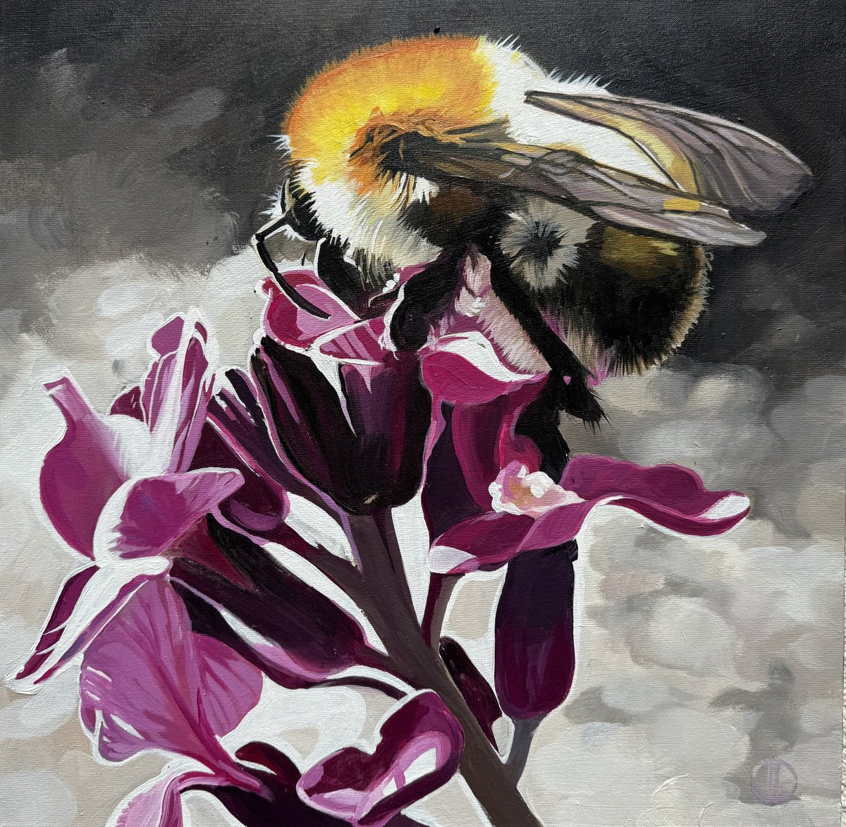 Impressionistic Animal Acrylic Painting By Joseph Lynch, 16 X 16, Ginger Bee On Wallflower, Original Artwork