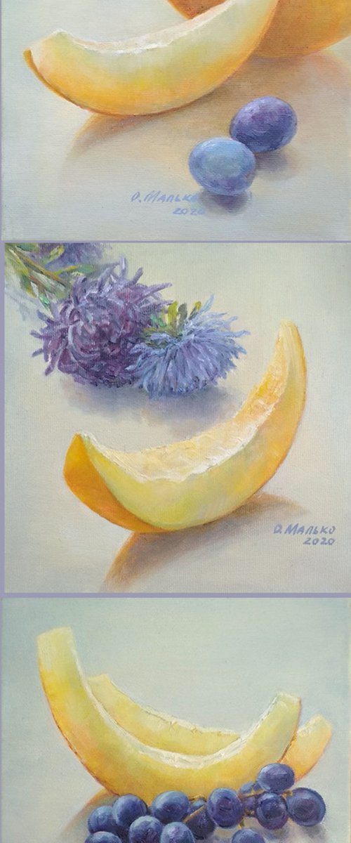 Melon slices / Original still life. Kitchen wall art. Oil painting on canvas by Olha Malko