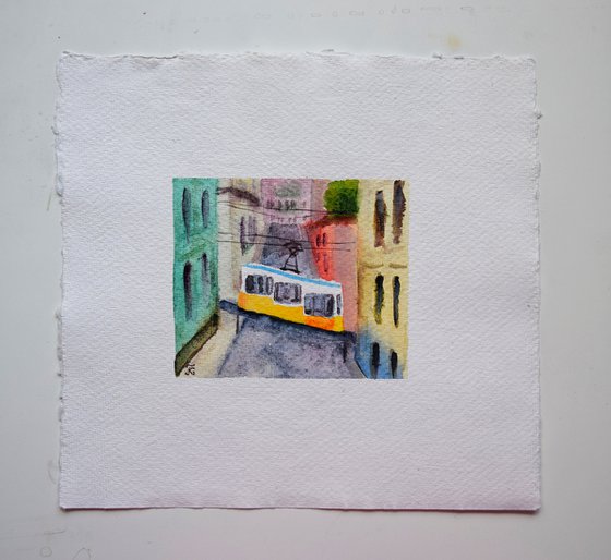 Lisbon small watercolor painting, yellow tram original painting, Portugal wall art