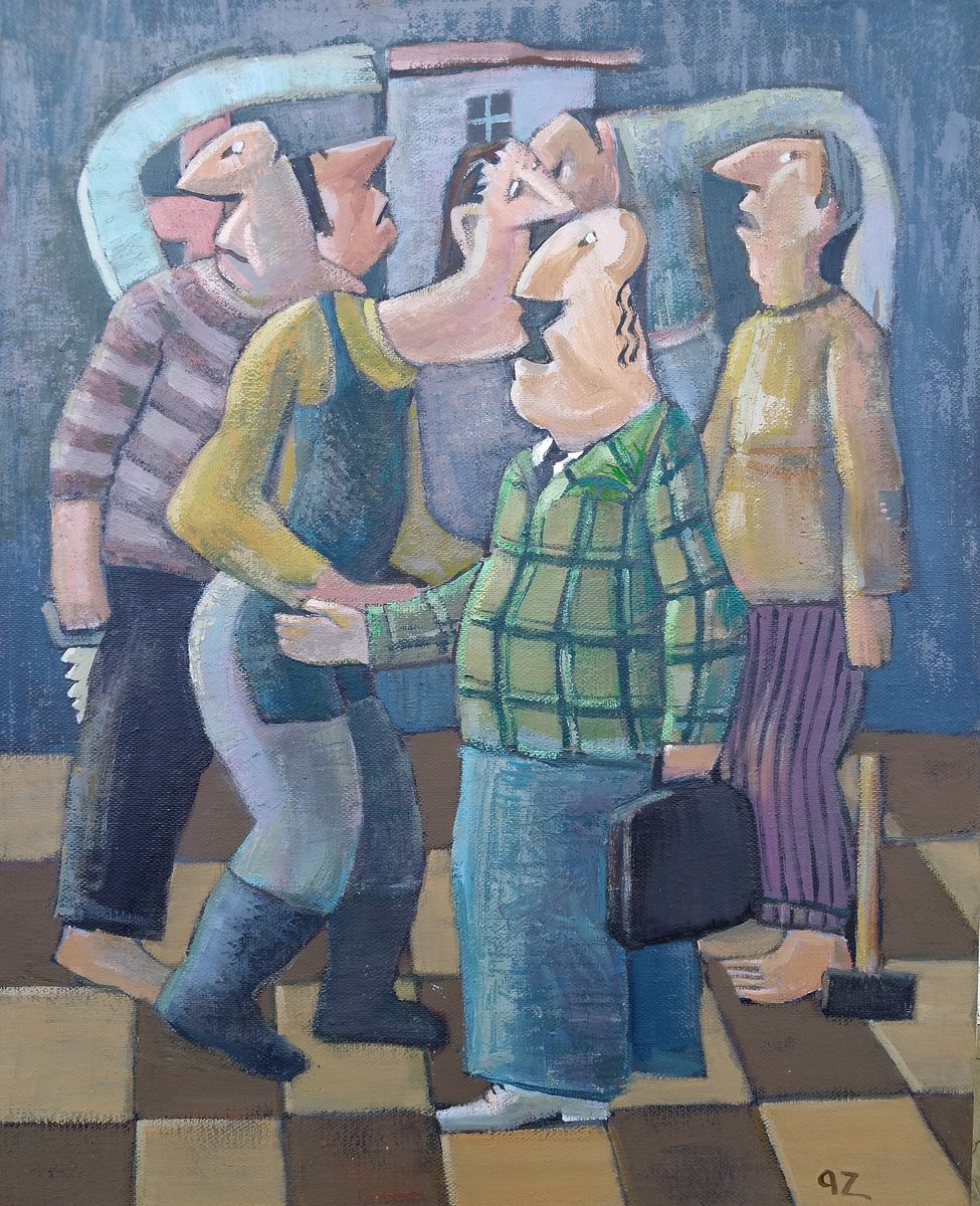 Expressive Portrait Oil Painting By Gegham Hunanyan, 16 X 20, Workday Conversations, Original Artwork