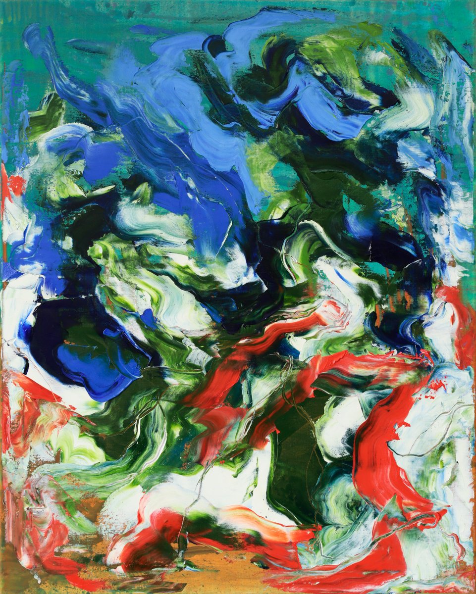 Organic Abstract Oil Painting By Simon Findlay, 31 X 39", Underwater / Orange And Blue, Original Artwork