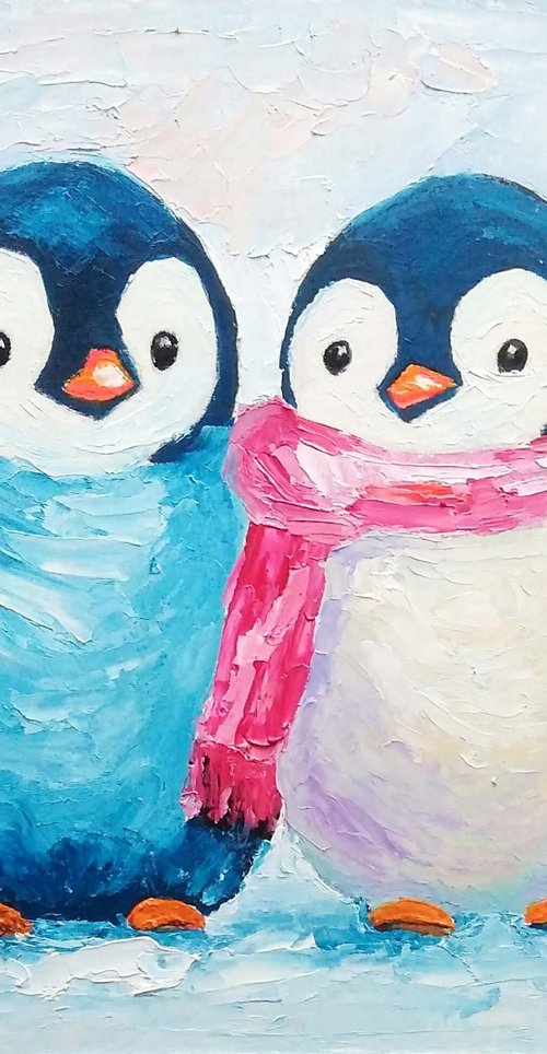 Penguin Painting Couple Bird Wall Art Small Artwork by Yulia Berseneva