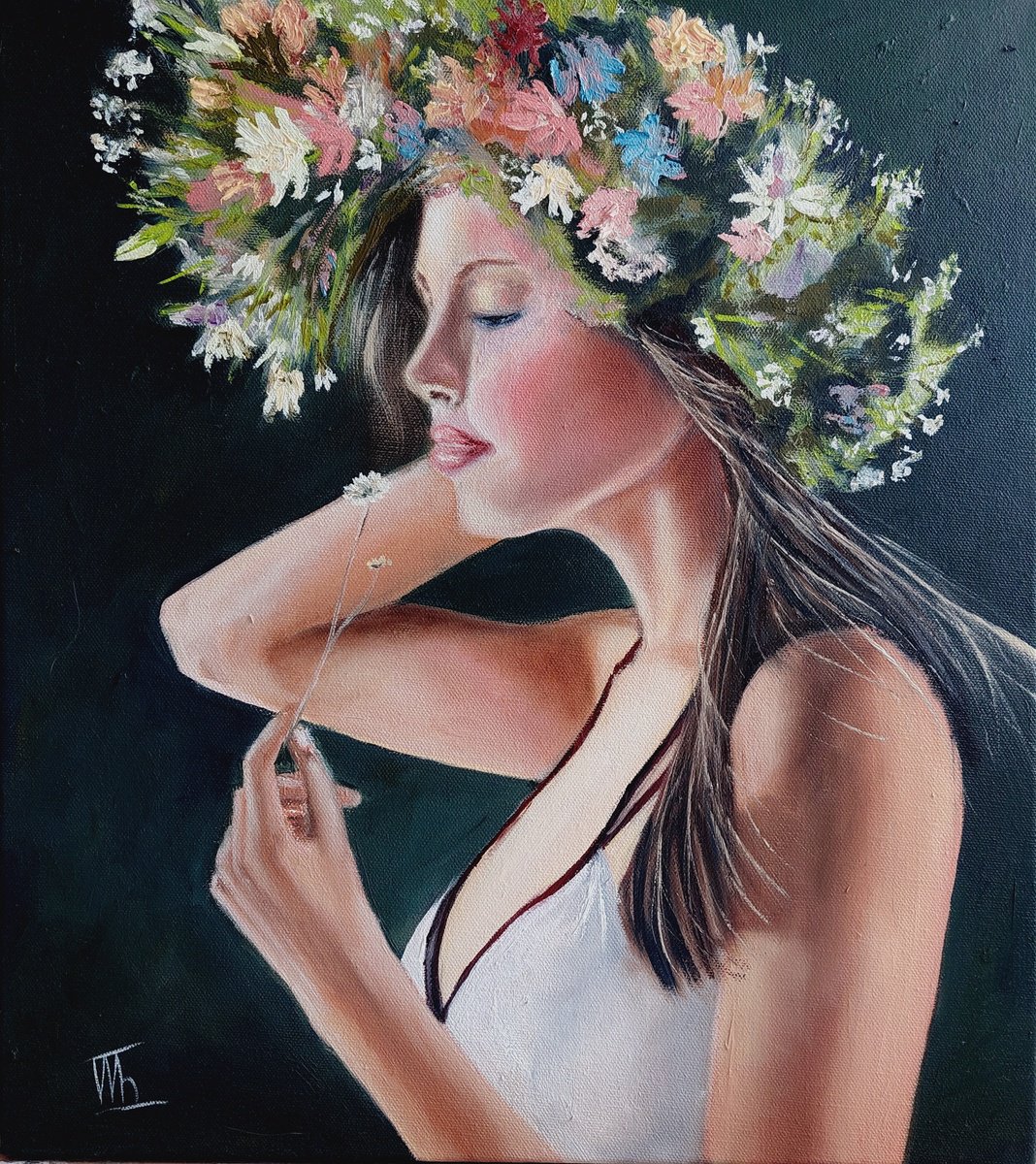 Photorealistic Portrait Oil Painting By Ira Whittaker, 16 X 18, Floral Halo, Original Artwork