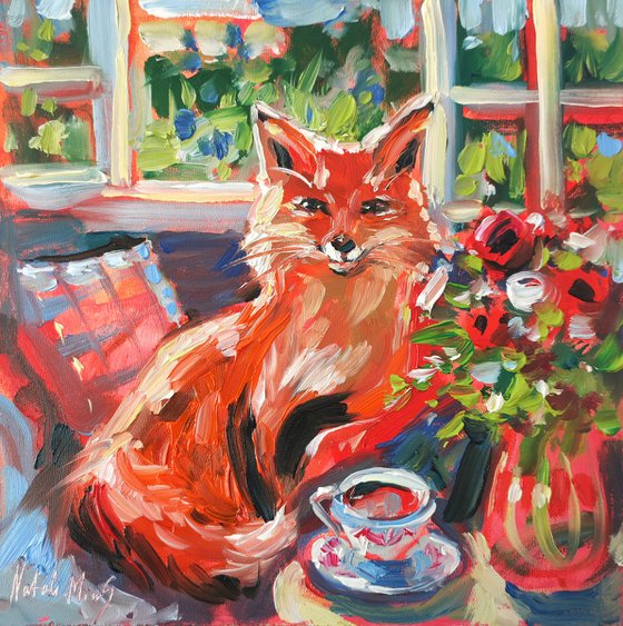 Fox Tea Time. Oil Painting