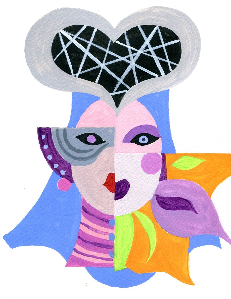 Urban And Pop Portrait Acrylic Painting By Andre Baldet, 10 X 13, Masked-Venice_01, Original Artwork