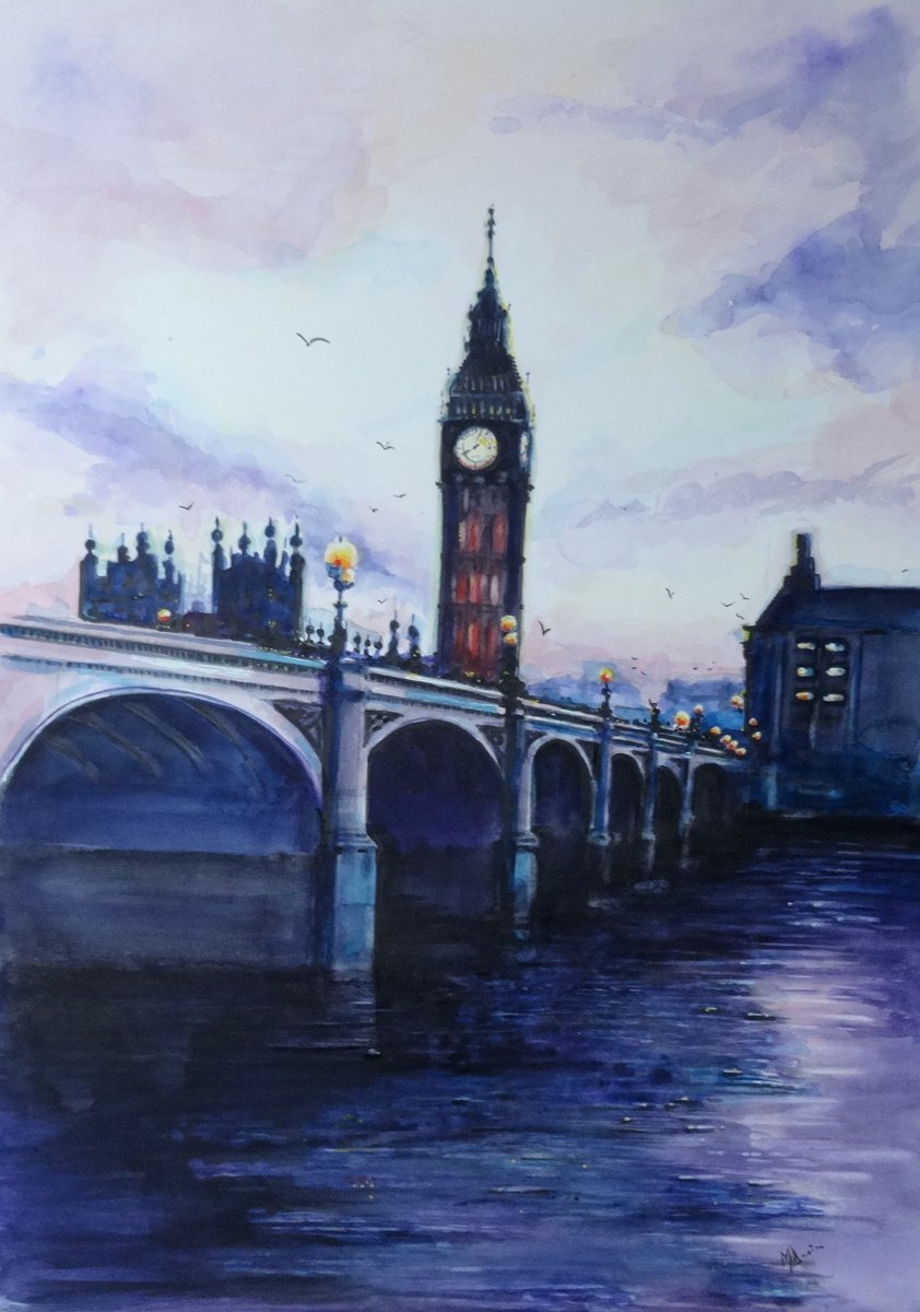 Impressionistic Cityscapes Watercolour By Mel Davies Original Art, 20 X 28", This England, Big Ben, Original Artwork