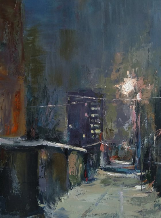 Winter night(40x60cm, oil painting, impressionism, ready to hang)