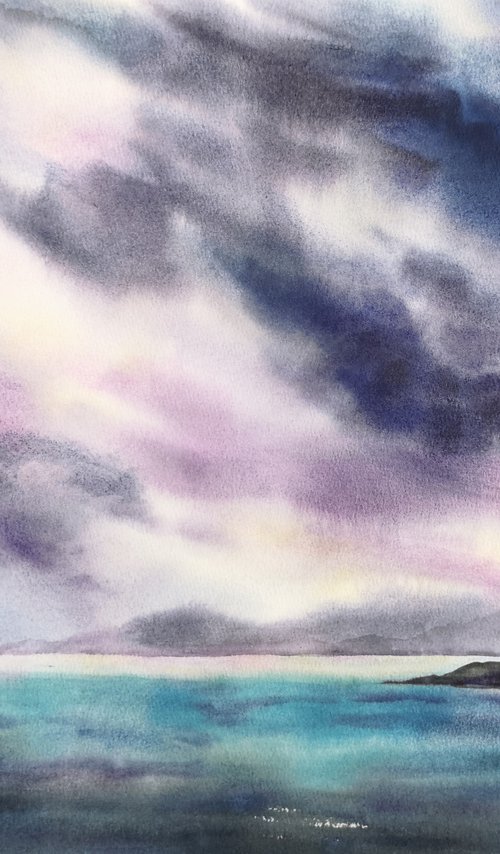 Impressionist sea and sky, landscape watercolor painting by Olga Grigo