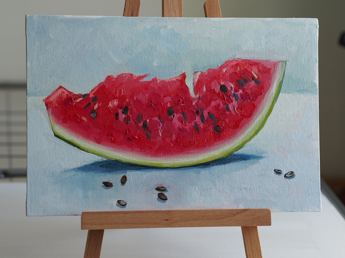 Impressionistic Still Life Oil Painting By Alfia Koral, 12 X 8, Slice Of Watermelon, Original Artwork