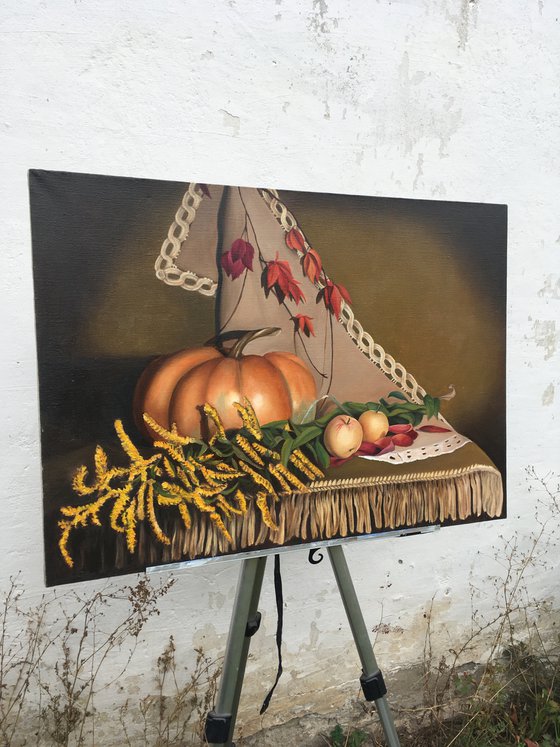 STILL LIFE WITH PUMPKIN, APPLES AND YELLOW FLOWERS - classical oil painting, autumn mood, village style, old masters technique